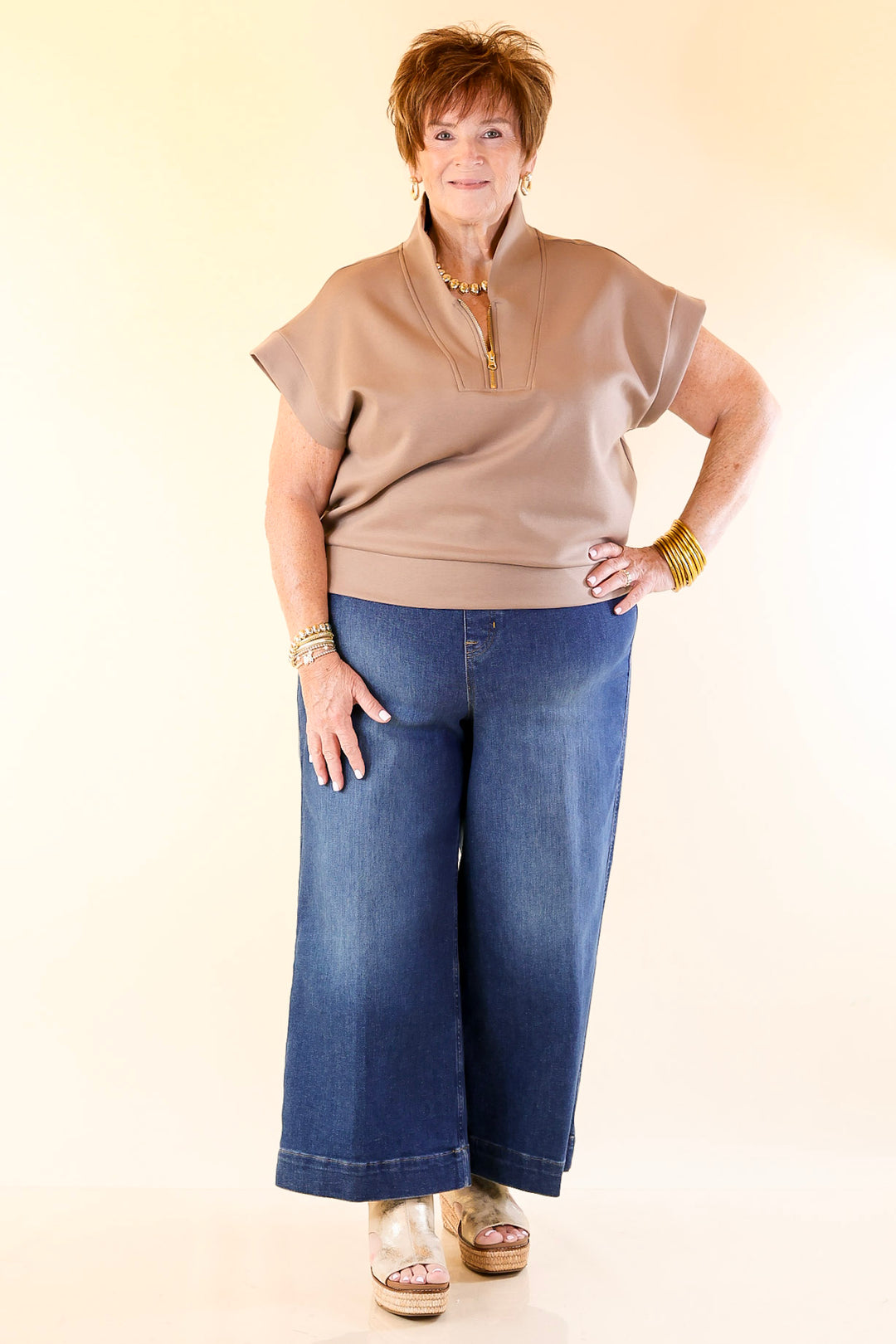 Top Priority Half Zip Collared Scuba Top in Light Taupe