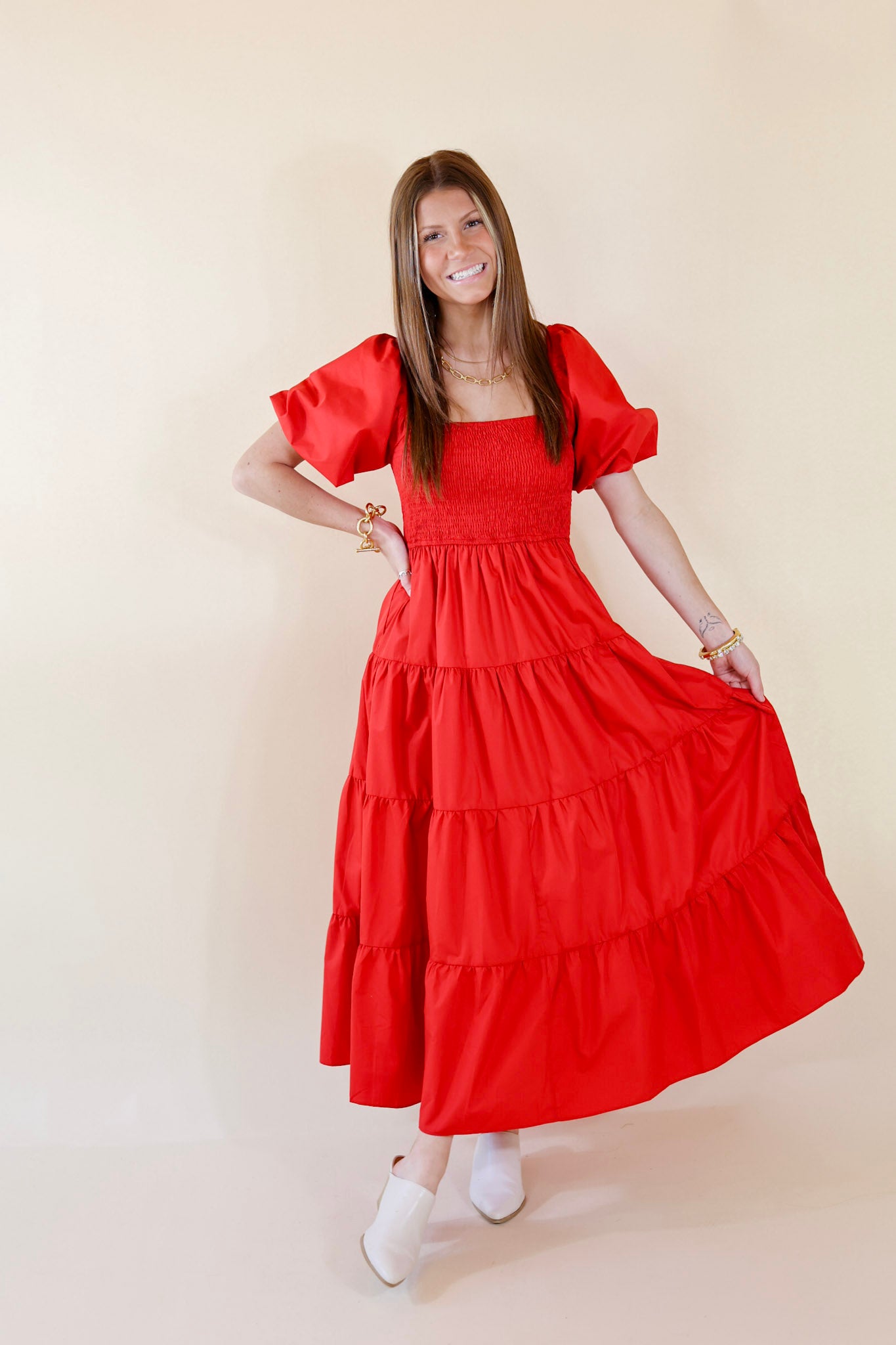 Santorini Sunshine Short Balloon Sleeve Maxi Dress in Red