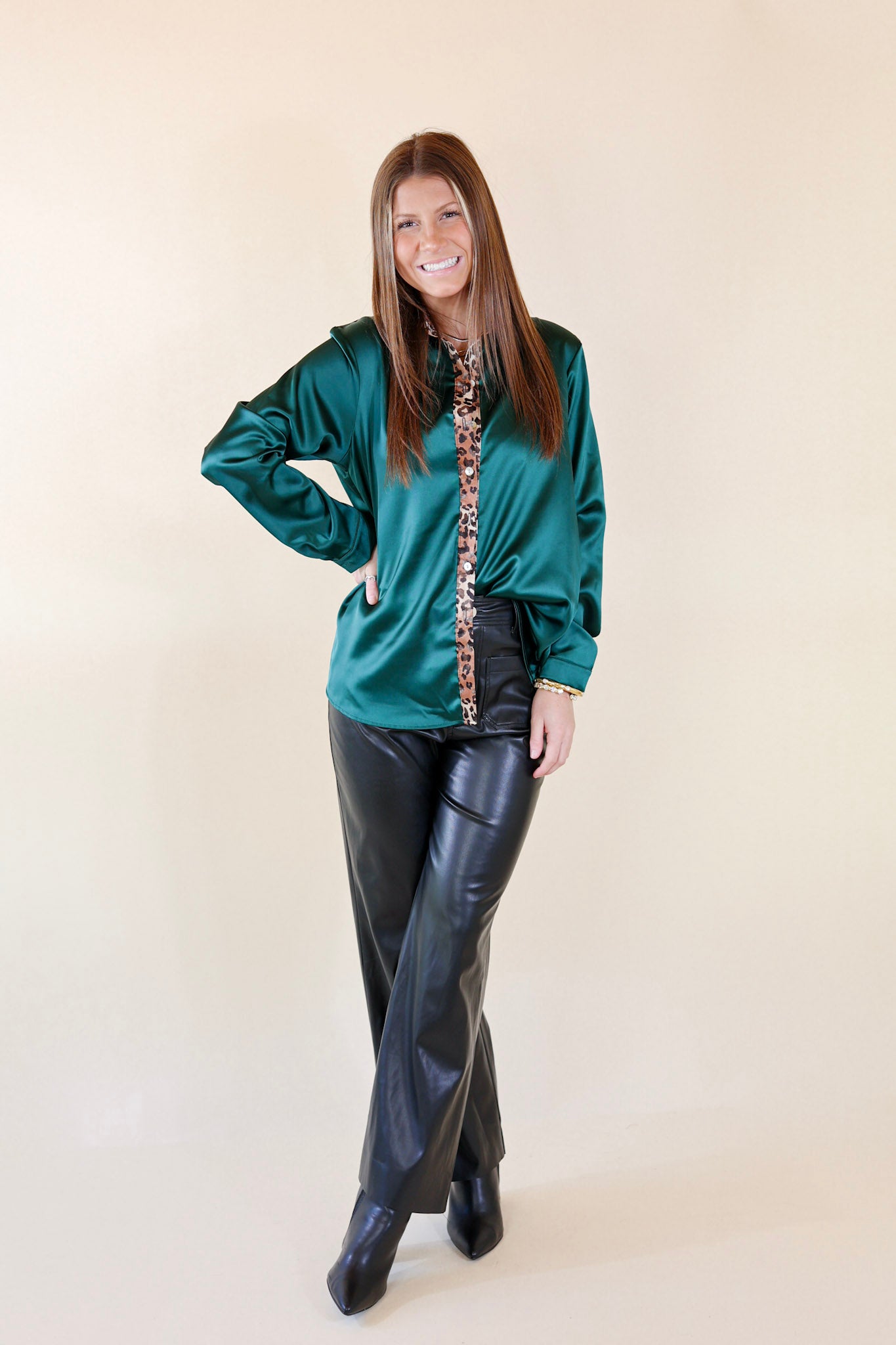Sugar On Top Long Sleeve Button Up Satin Top with Leopard Print Trim in Forest Green