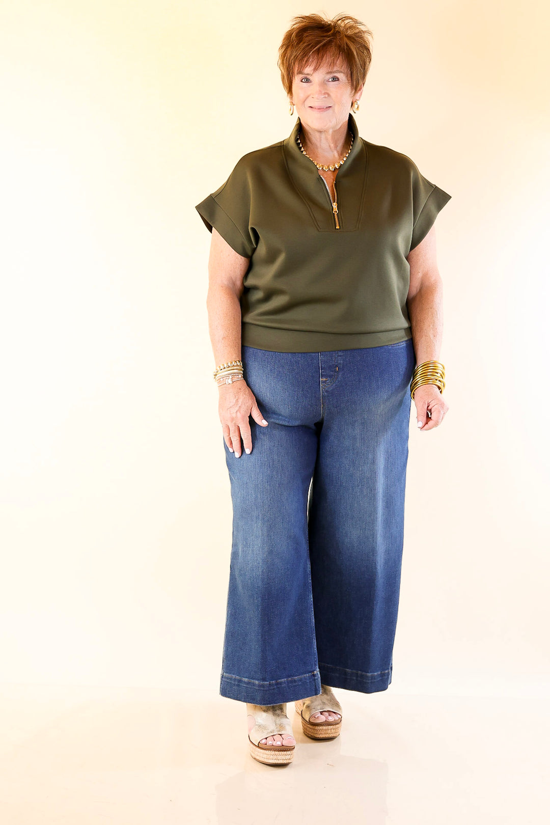 Top Priority Half Zip Collared Scuba Top in Olive Green