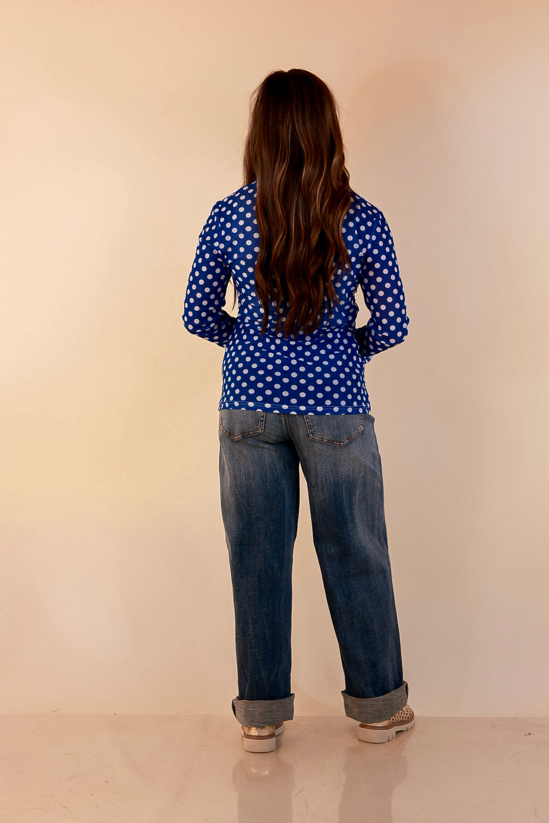 The Perfect Layer White Polka Dot Print Sheer Mesh Long Sleeve Top in Royal Blue