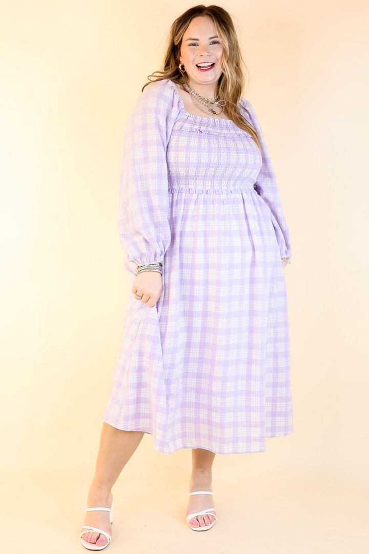 Adorable Impression Plaid Midi Dress with Smocked Bodice in Lavender Purple