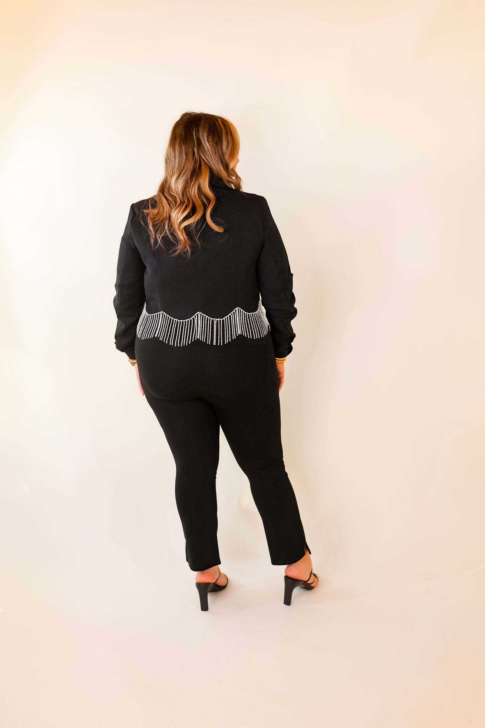 Time For Magic Cropped Blazer with Crystal Fringe Trim in Black - Giddy Up Glamour Boutique