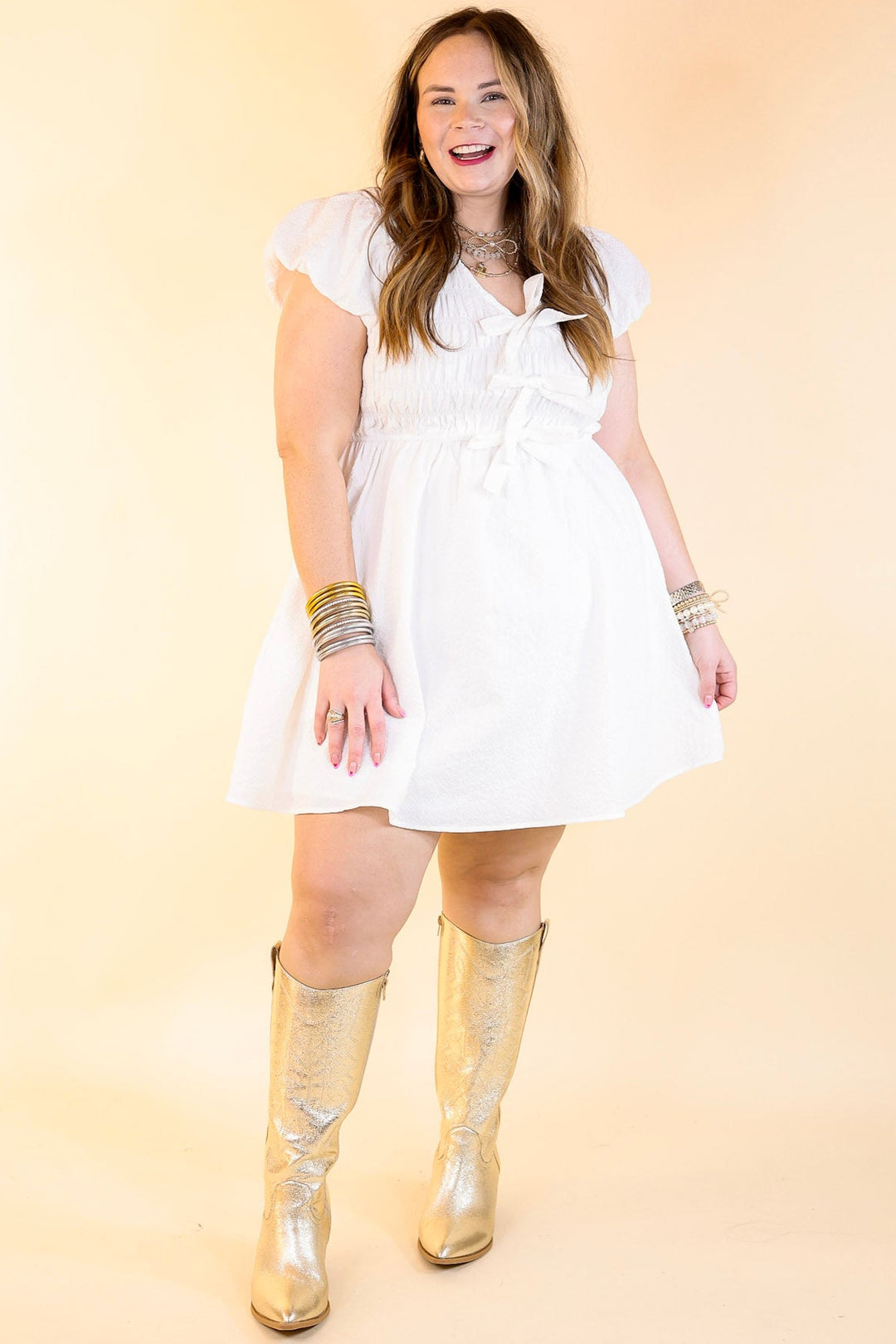 Last Chance Size Small | Darling Charm Cap Sleeve Dress with Bows in Off White