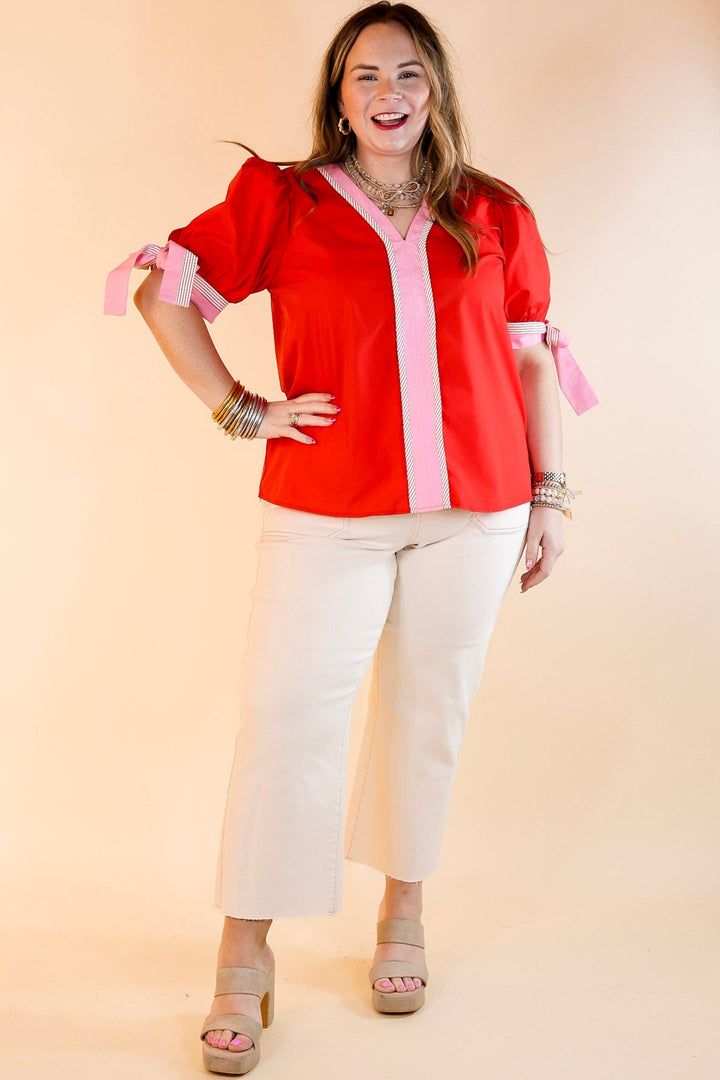 Last Chance Size Medium | Perfectly Poised V Neck Top with Short Balloon Sleeves with Bows in Red - ONLINE EXCLUSIVE