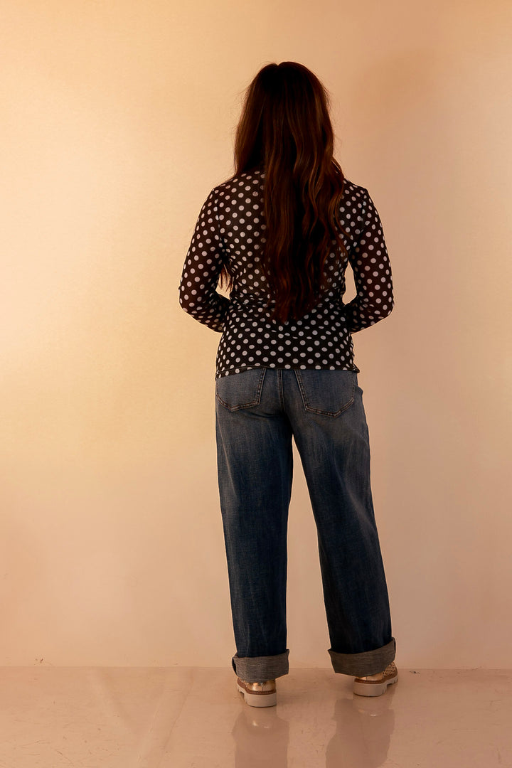 The Perfect Layer White Polka Dot Print Sheer Mesh Long Sleeve Top in Olive Green