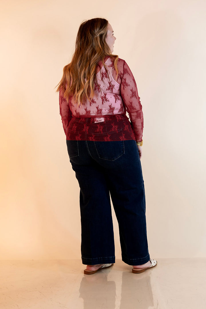 Delicate Charm Long Sleeve Sheer Lace Top with Mock Neck in Maroon