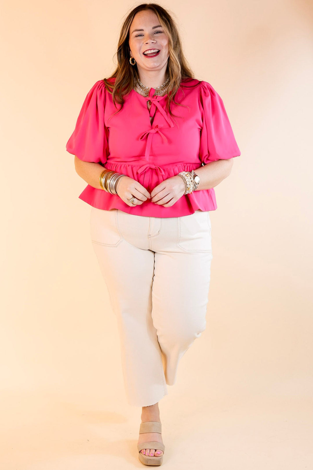 Simply Stunning Short Puff Sleeve Top with Bow Tie Detailing in Hot Pink