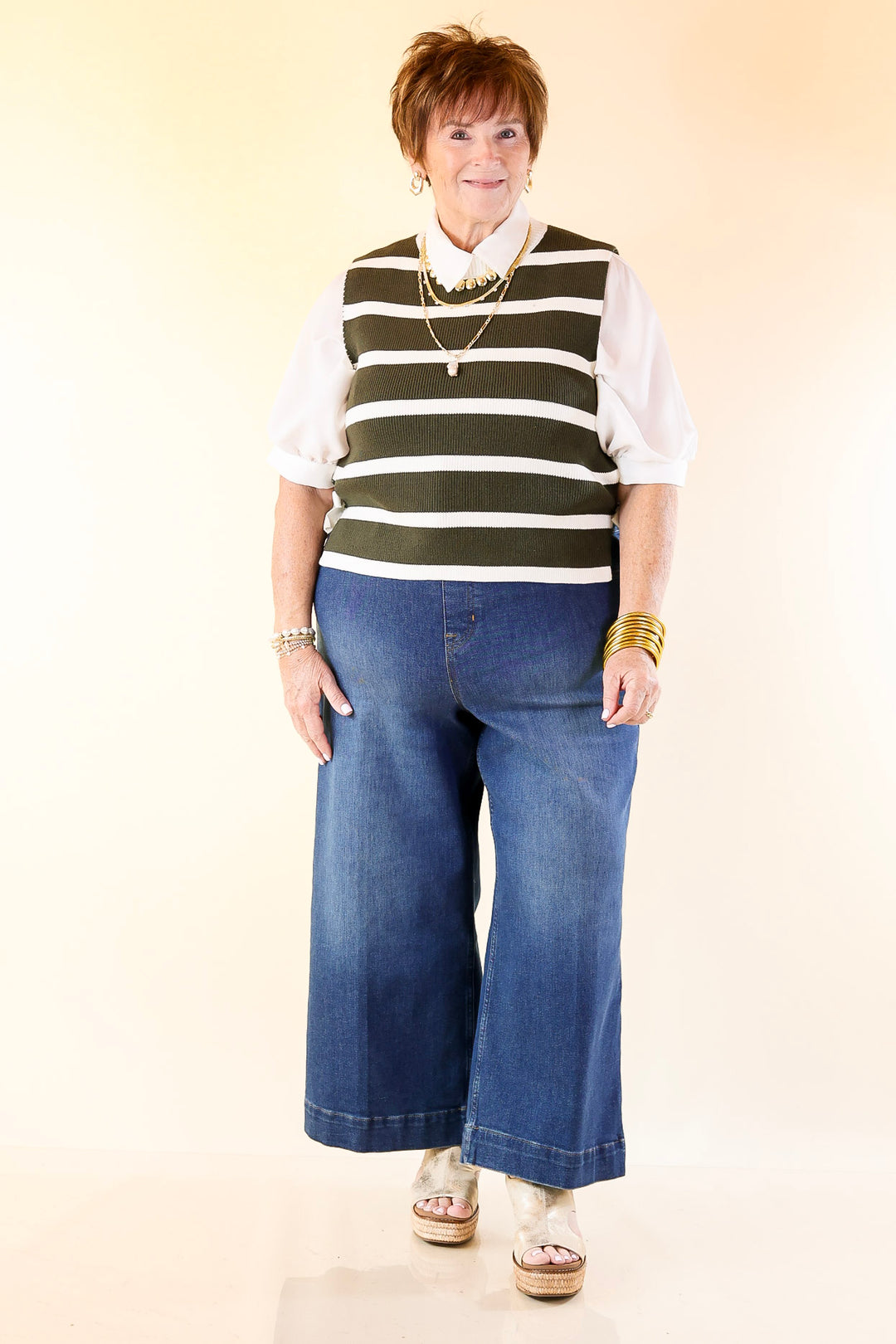 Tied Up in Style Knit Sweater with Side Ties in Olive Green with Off White Stripes