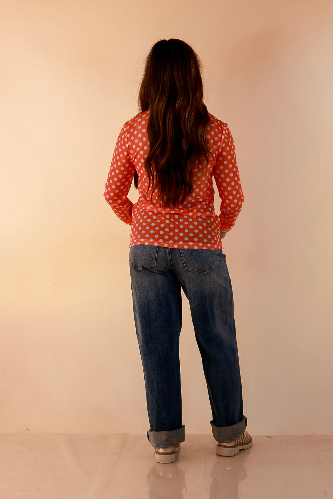 The Perfect Layer White Polka Dot Print Sheer Mesh Long Sleeve Top in Orange