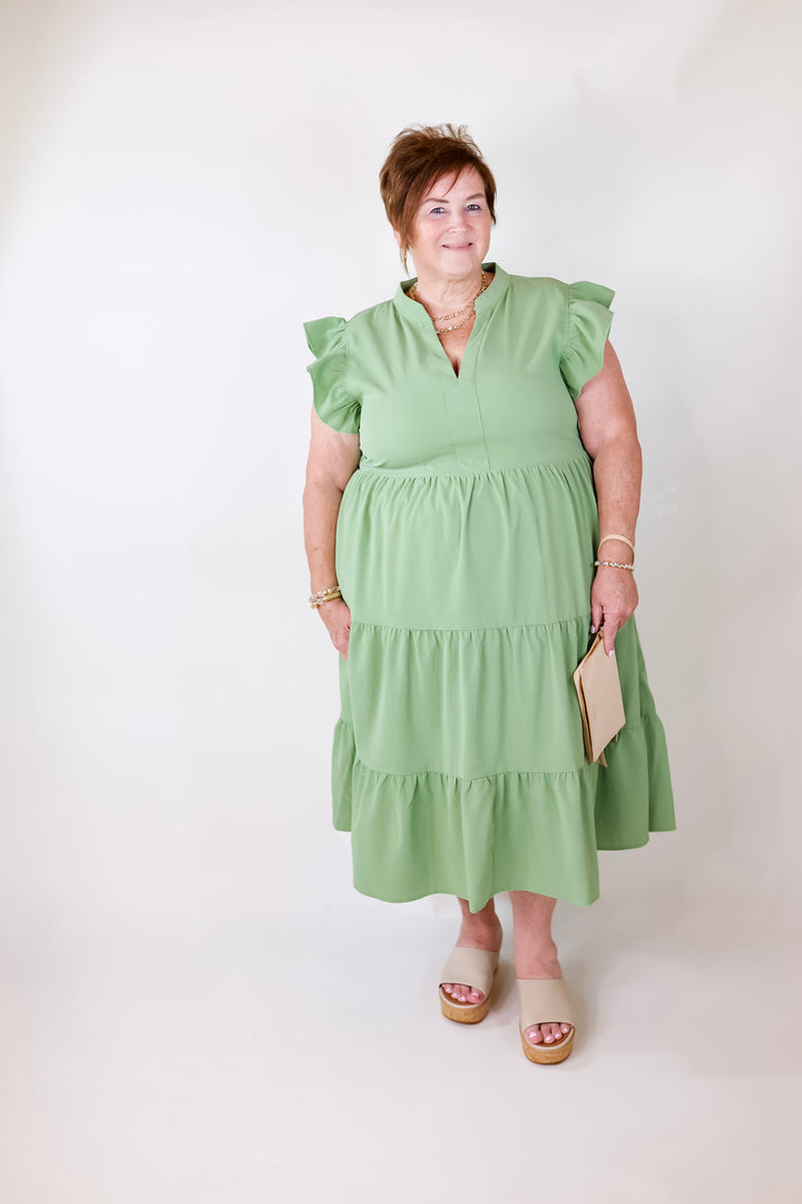 Magnolia Morning Ruffle Cap Sleeve Tiered Midi Dress in Sage Green - Giddy Up Glamour Boutique