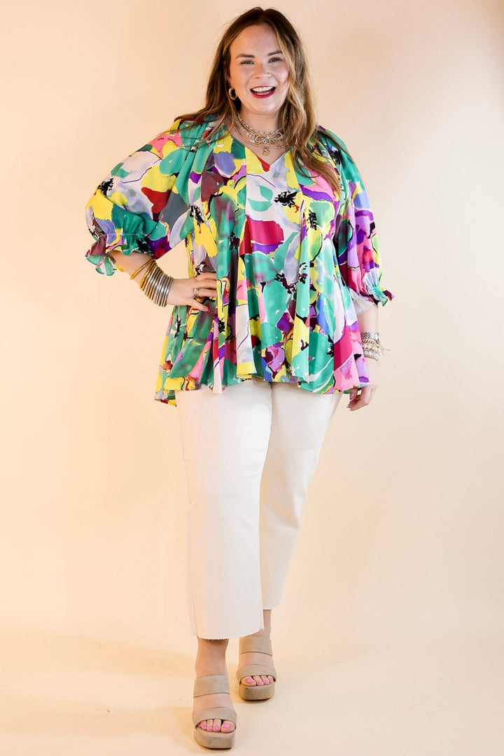 Blooming Love Floral V Neck Top with Half Sleeves in Green Mix