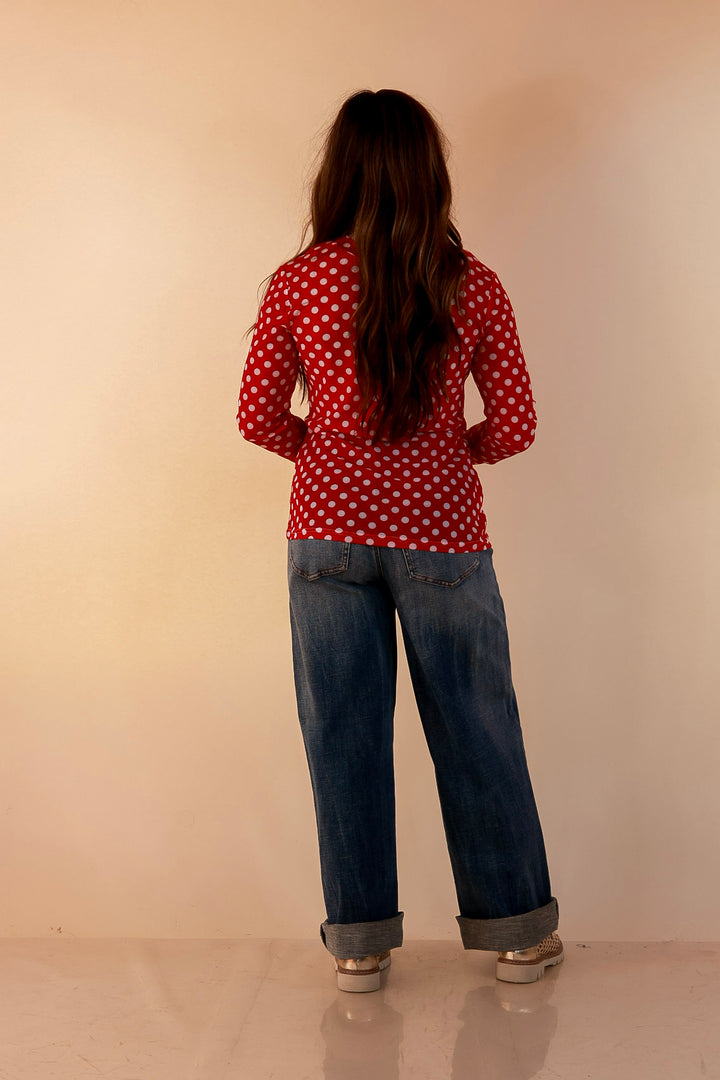 The Perfect Layer White Polka Dot Print Sheer Mesh Long Sleeve Top in Red
