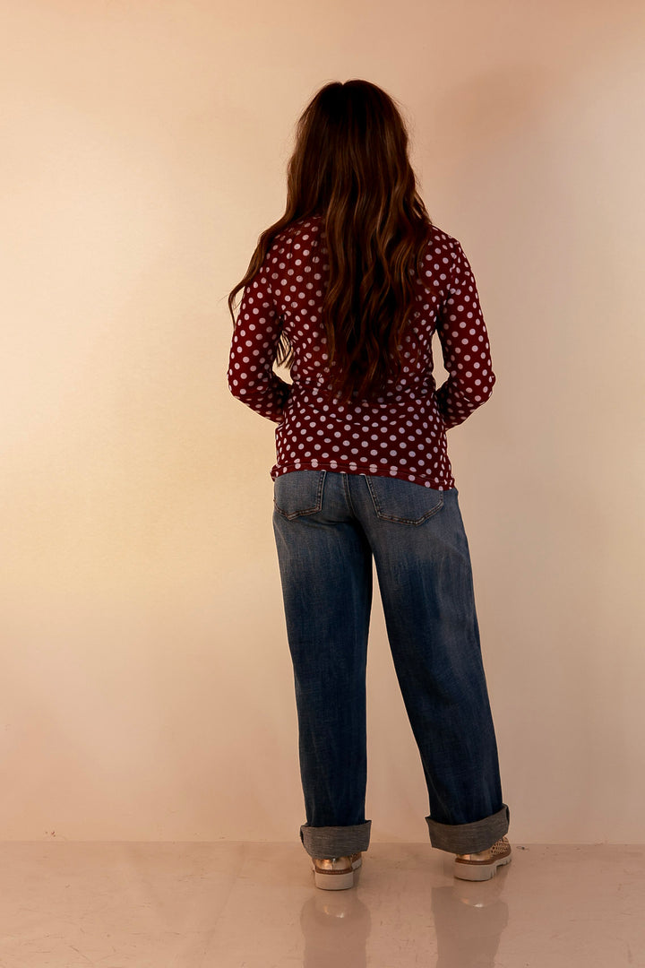 The Perfect Layer White Polka Dot Print Sheer Mesh Long Sleeve Top in Maroon