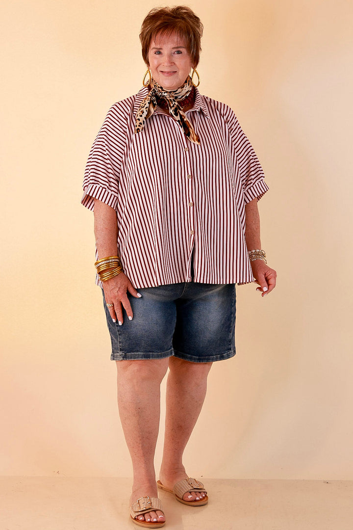 Effortlessly Aligned Button Down Collared Top with Vertical Ivory Stripe Detail in Maroon