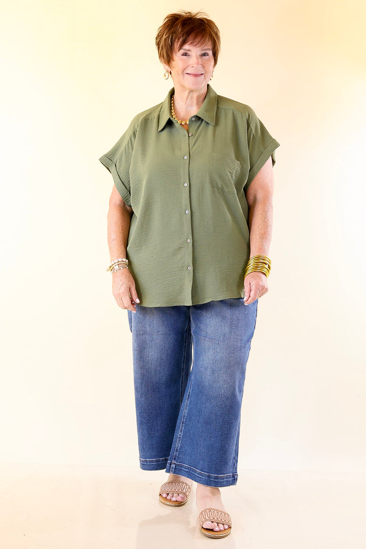 Timeless Appeal Collared Button Up Top in Olive Green