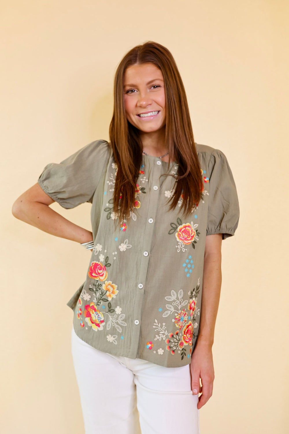Sunny Forecast Button Up Floral Embroidered Top in Dusty Olive Green - Giddy Up Glamour Boutique