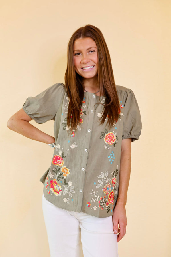 Sunny Forecast Button Up Floral Embroidered Top in Dusty Olive Green