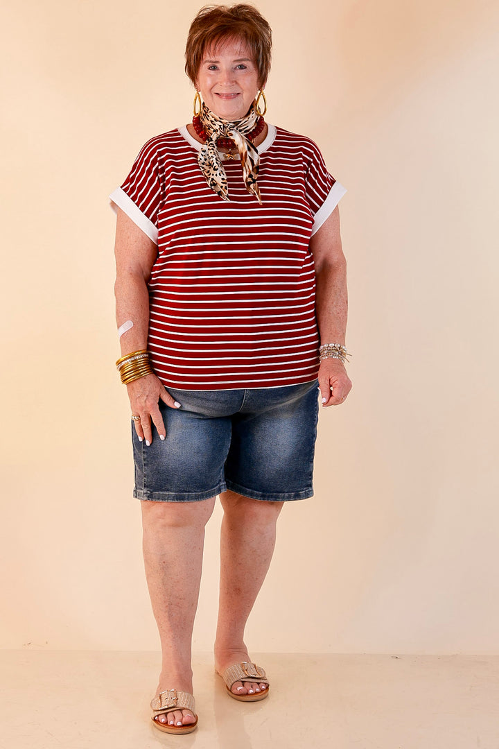 Right on Repeat Scoop Neck Cap Sleeve with Contrast Trim Striped Tee Top in Maroon