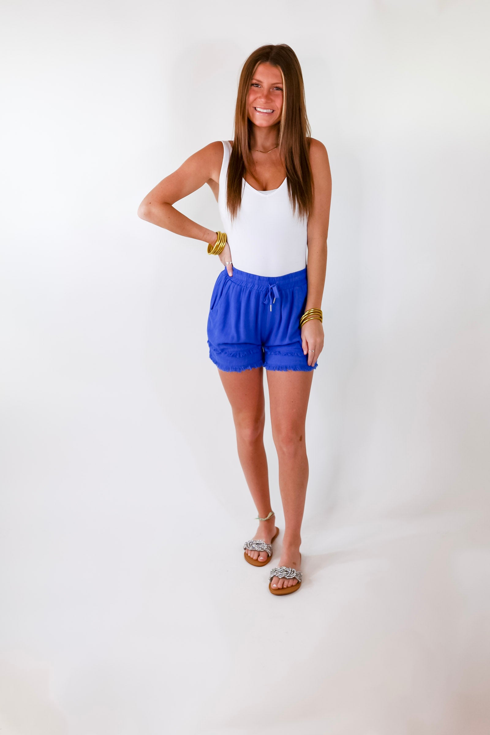 On Vacation Time Distressed Hem Shorts in Cobalt Blue