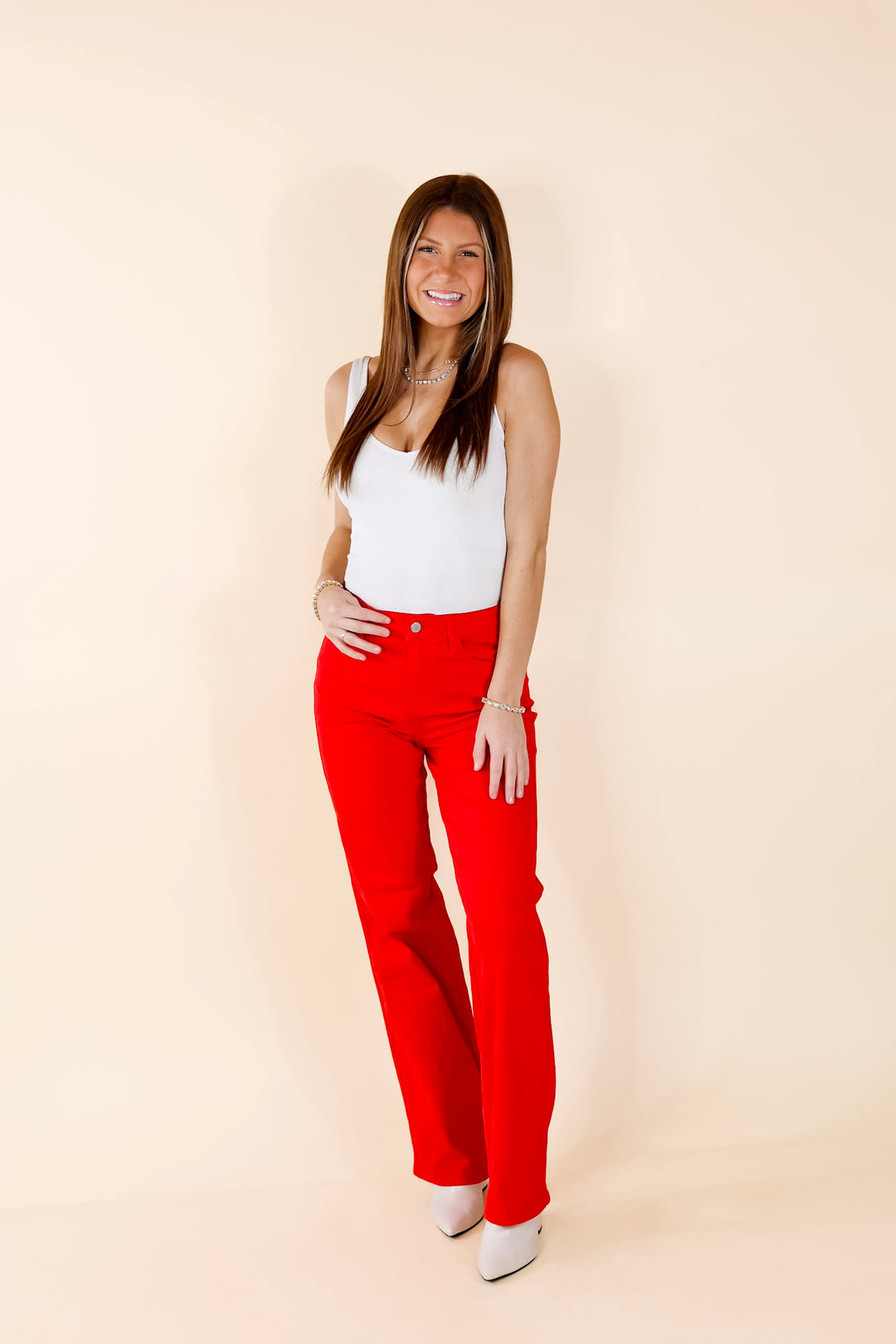 Judy Blue | For The Record Garment Dyed 90's Straight Leg Jeans in Red - Giddy Up Glamour Boutique