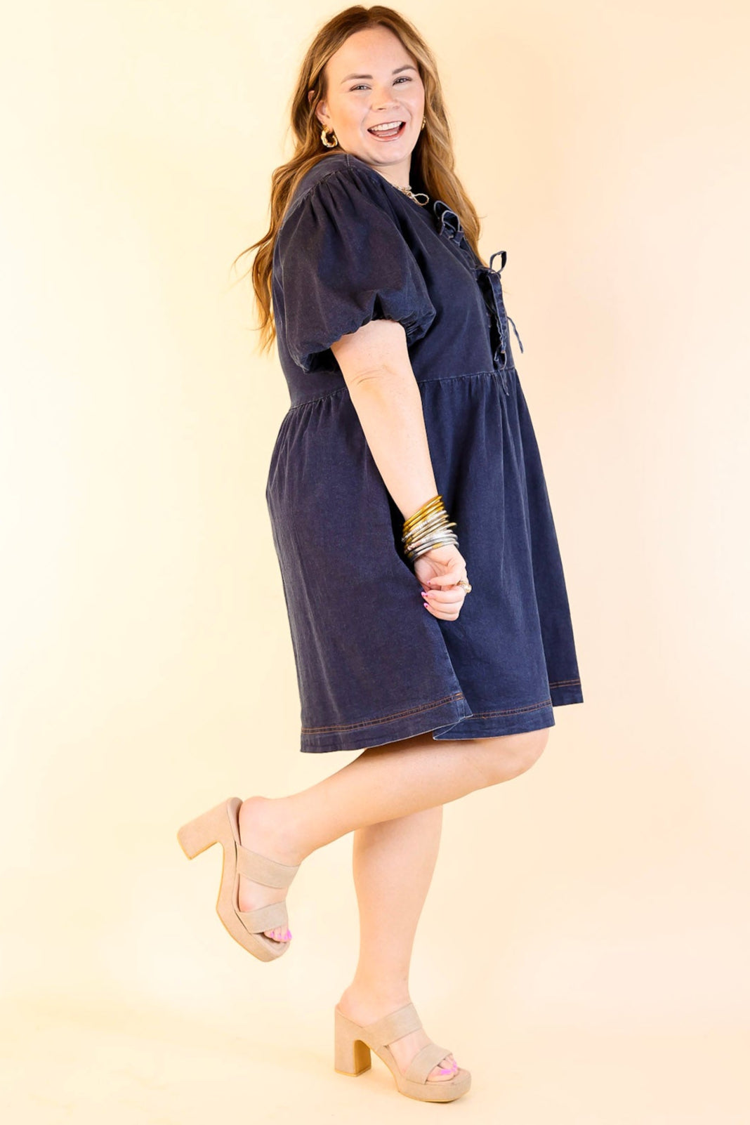 Timeless Trend Short Sleeve Denim Dress with Bows in Medium Wash