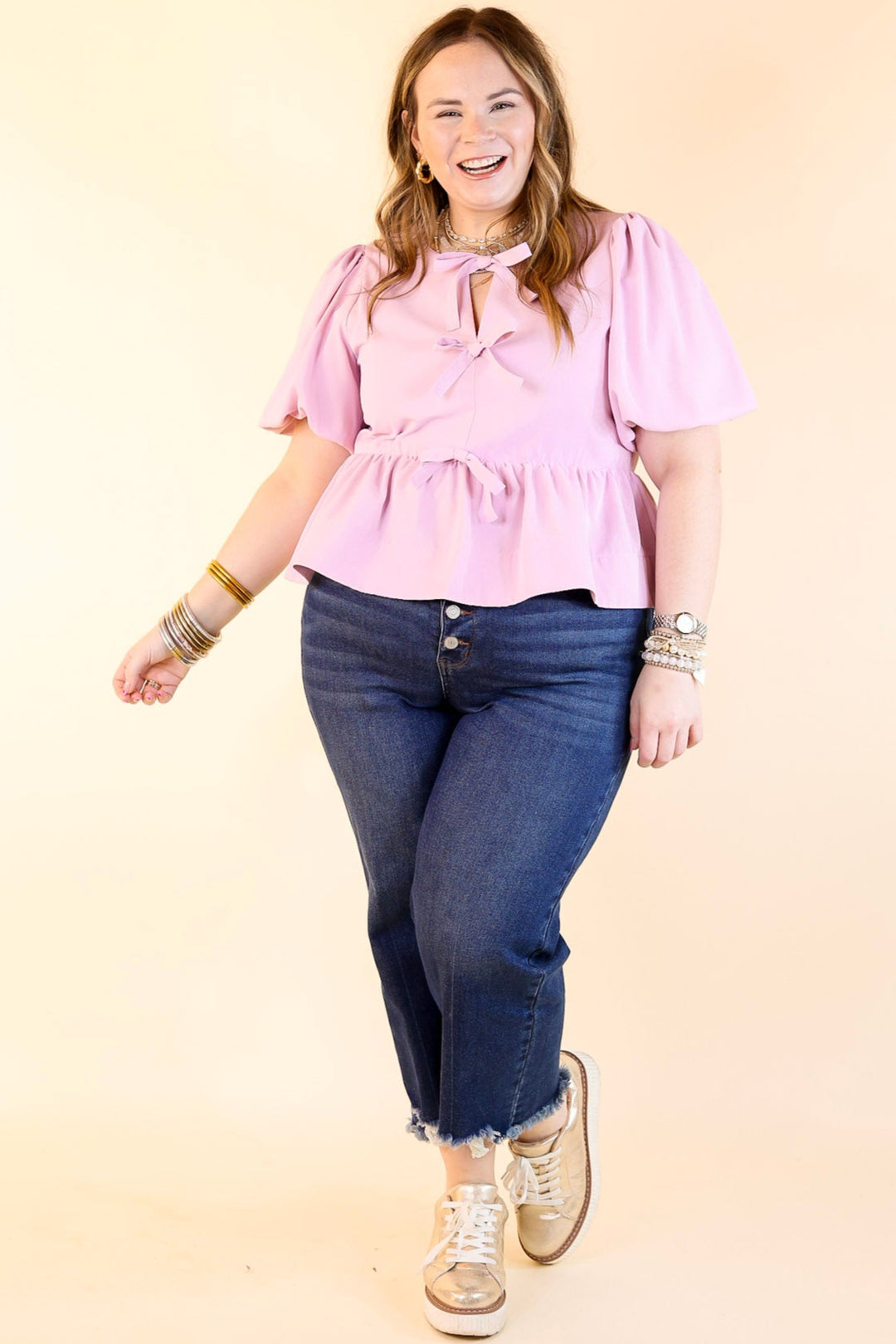 Simply Stunning Short Puff Sleeve Top with Bow Tie Detailing in Baby Pink