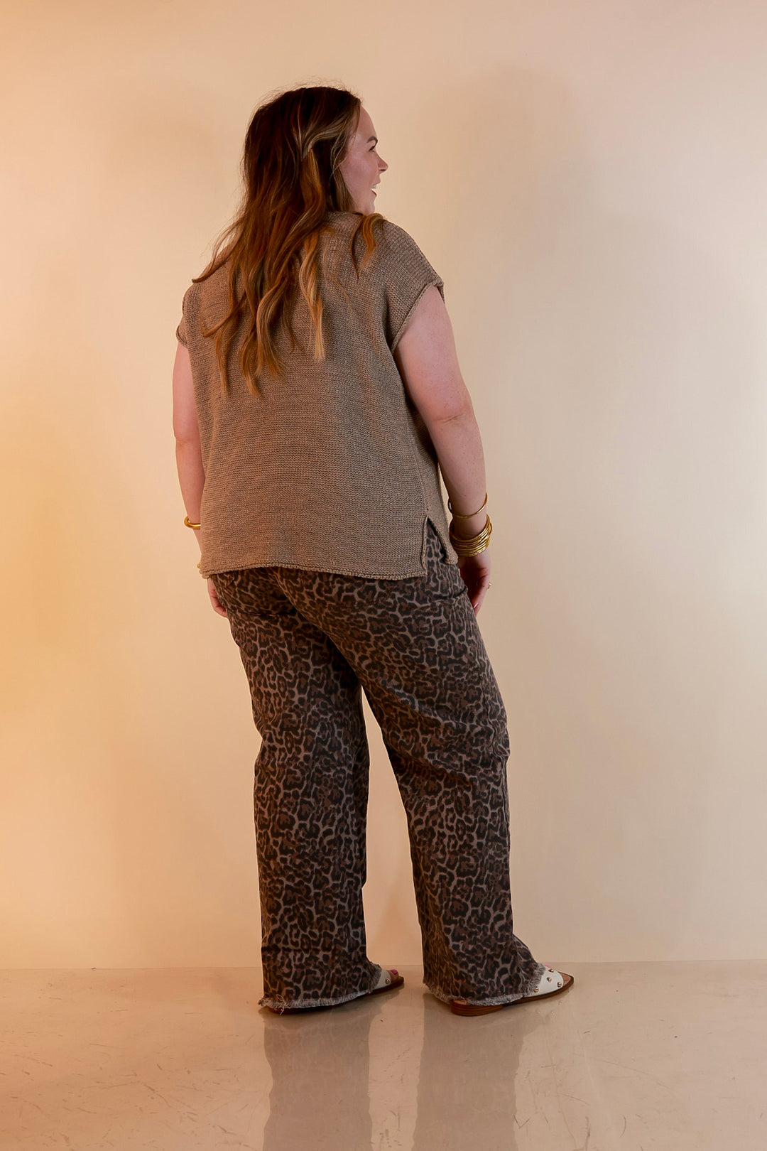 Simply Southern | Cool Statement Wide Leg Cropped Denim Jeans with Fray Hem in Leopard Print