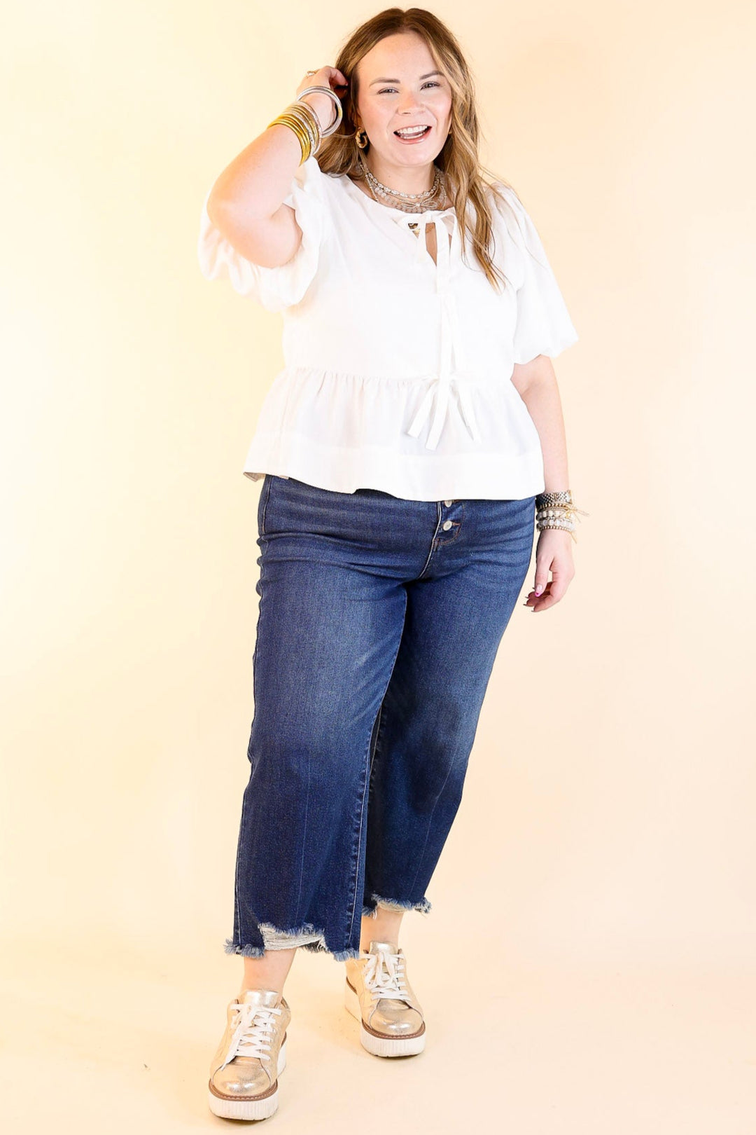 Simply Stunning Short Puff Sleeve Top with Bow Tie Detailing in Off White