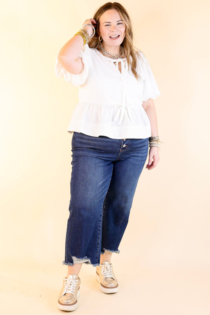 Simply Stunning Short Puff Sleeve Top with Bow Tie Detailing in Off White