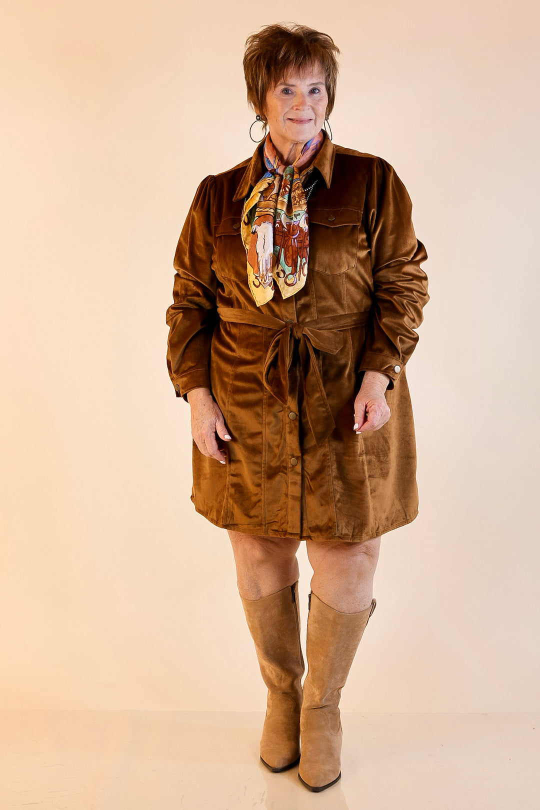 Free And Flirty Suede Button Up Dress with Waist Tie in Camel Brown