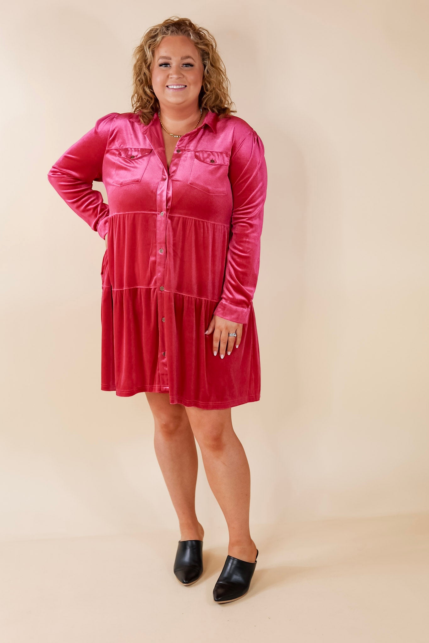 Grateful Gathering Velvet Button Up Dress with Long Sleeves in Raspberry Pink