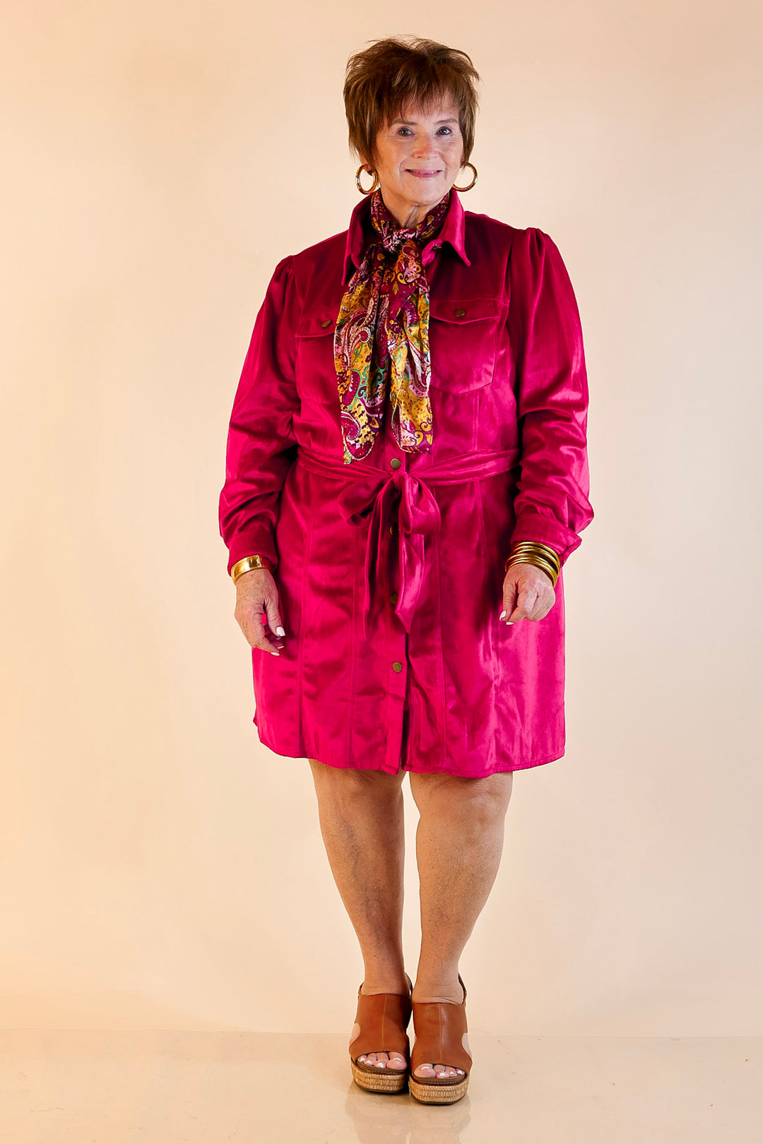 Free And Flirty Suede Button Up Dress with Waist Tie in Fuchsia Pink