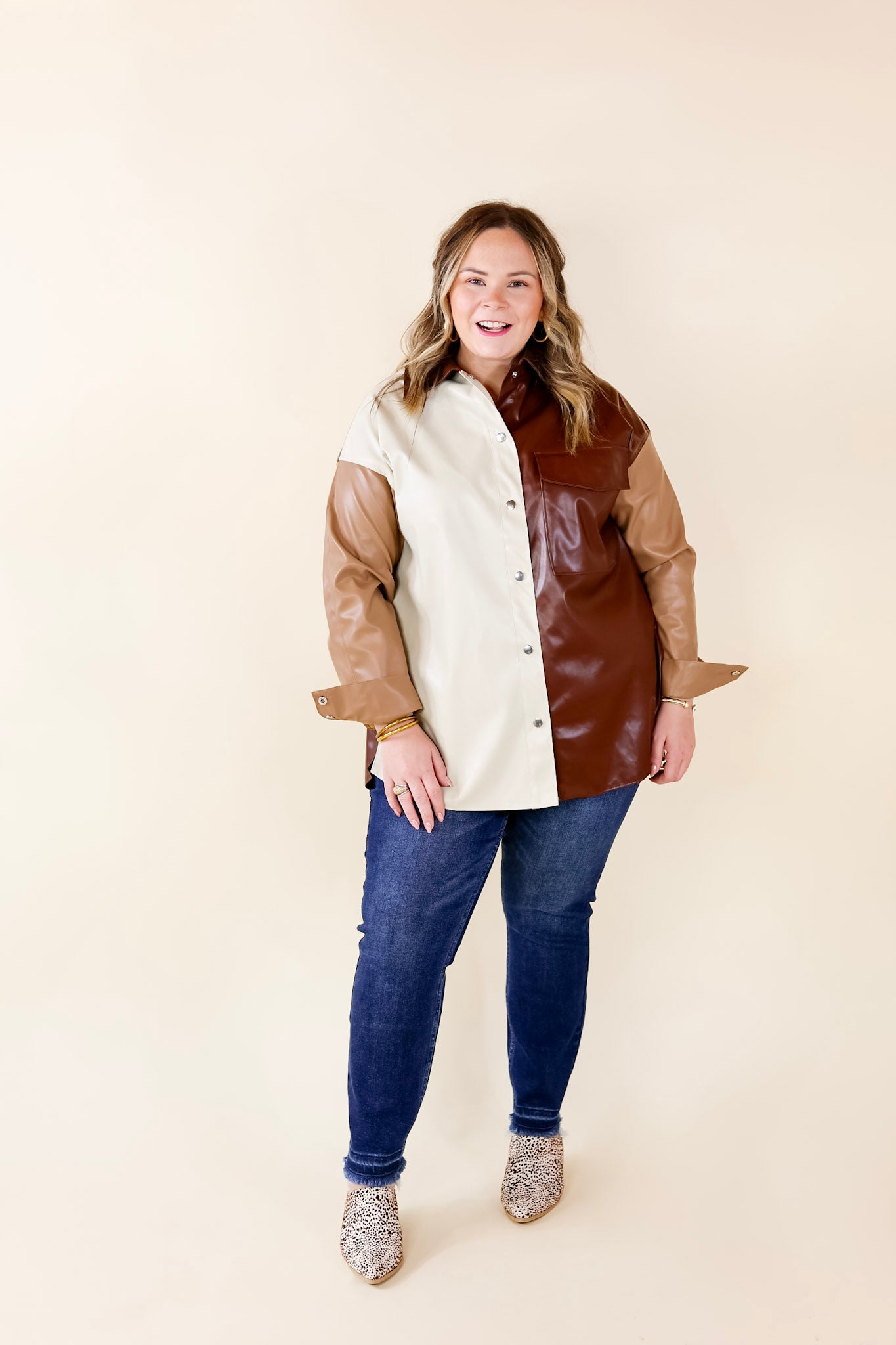 Autumn Event Faux Leather Color Block Shacket in Brown Mix - Giddy Up Glamour Boutique