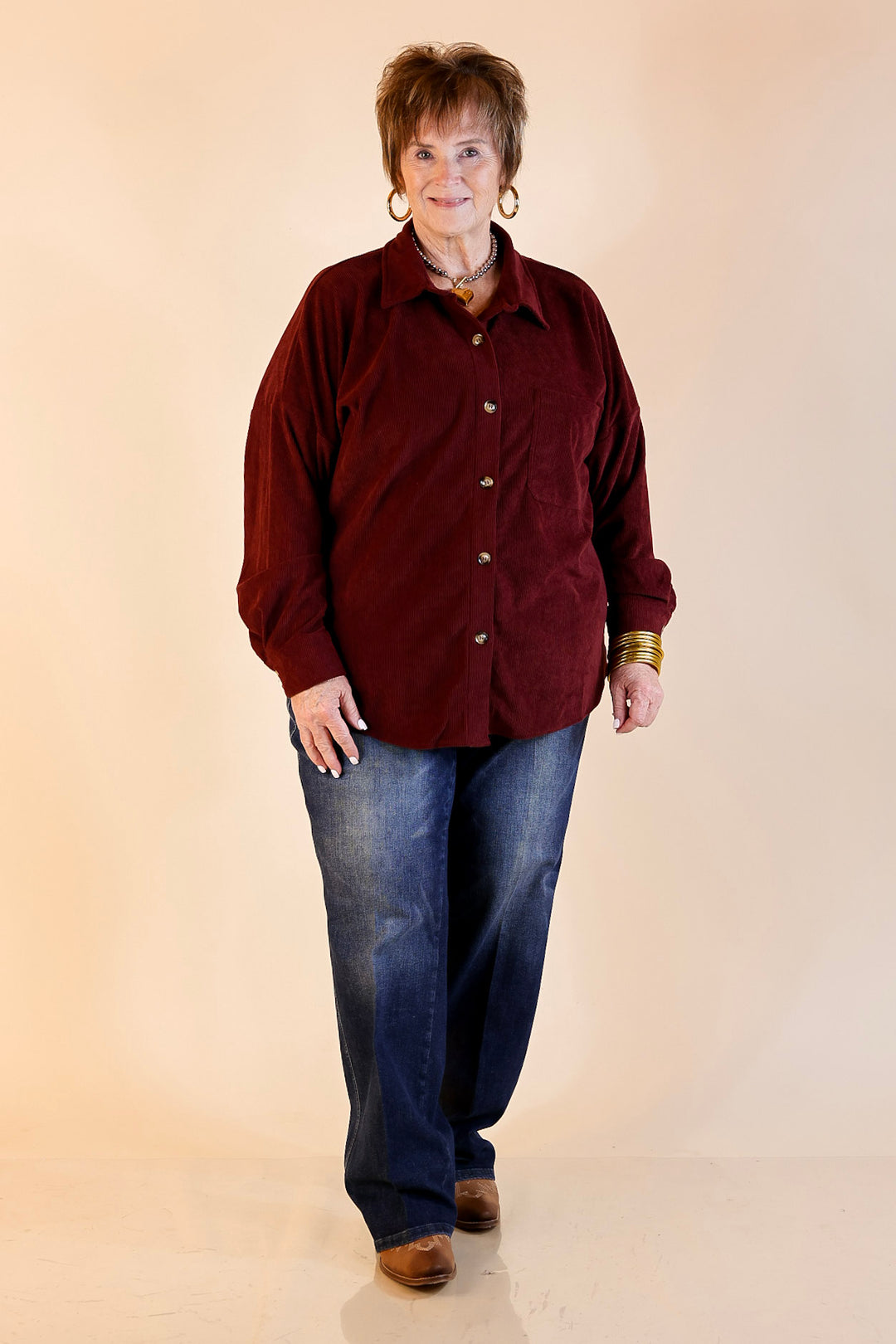 Captivating Cuteness Corduroy Button Up Shacket in Maroon