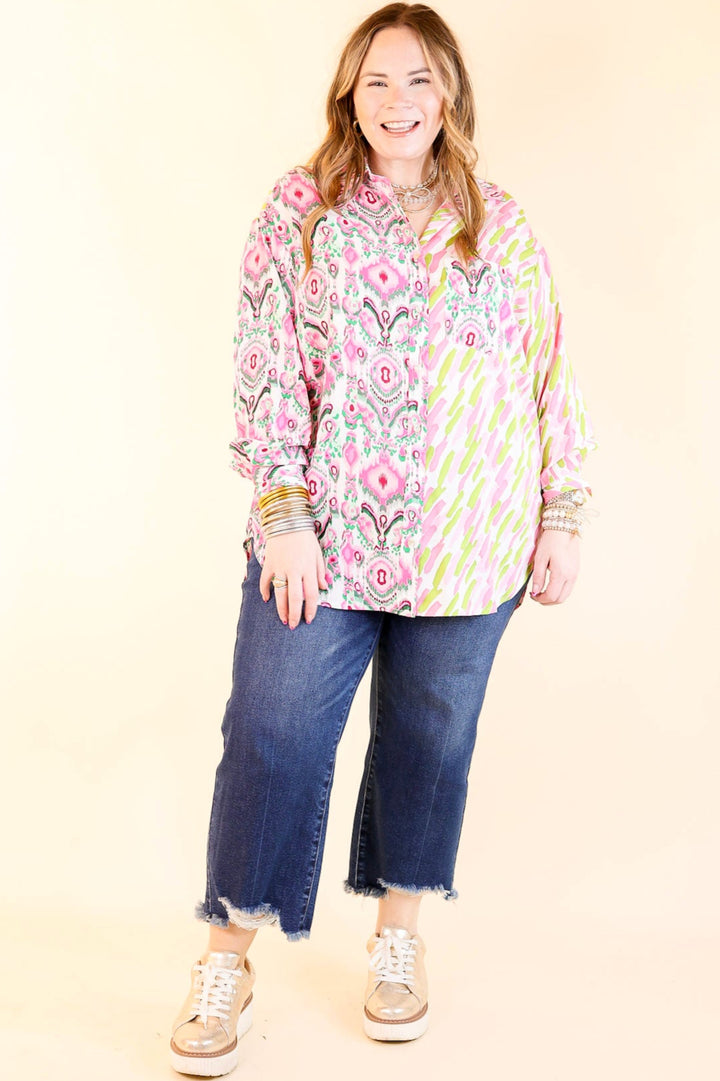 Sensational Flair Button Up Mix Print Top in Green and Pink