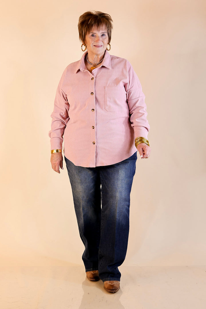 Captivating Cuteness Corduroy Button Up Shacket in Light Pink