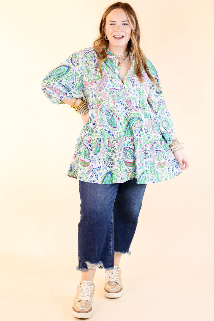 Meadow Melody Paisley Tiered Babydoll Top in Green Mix