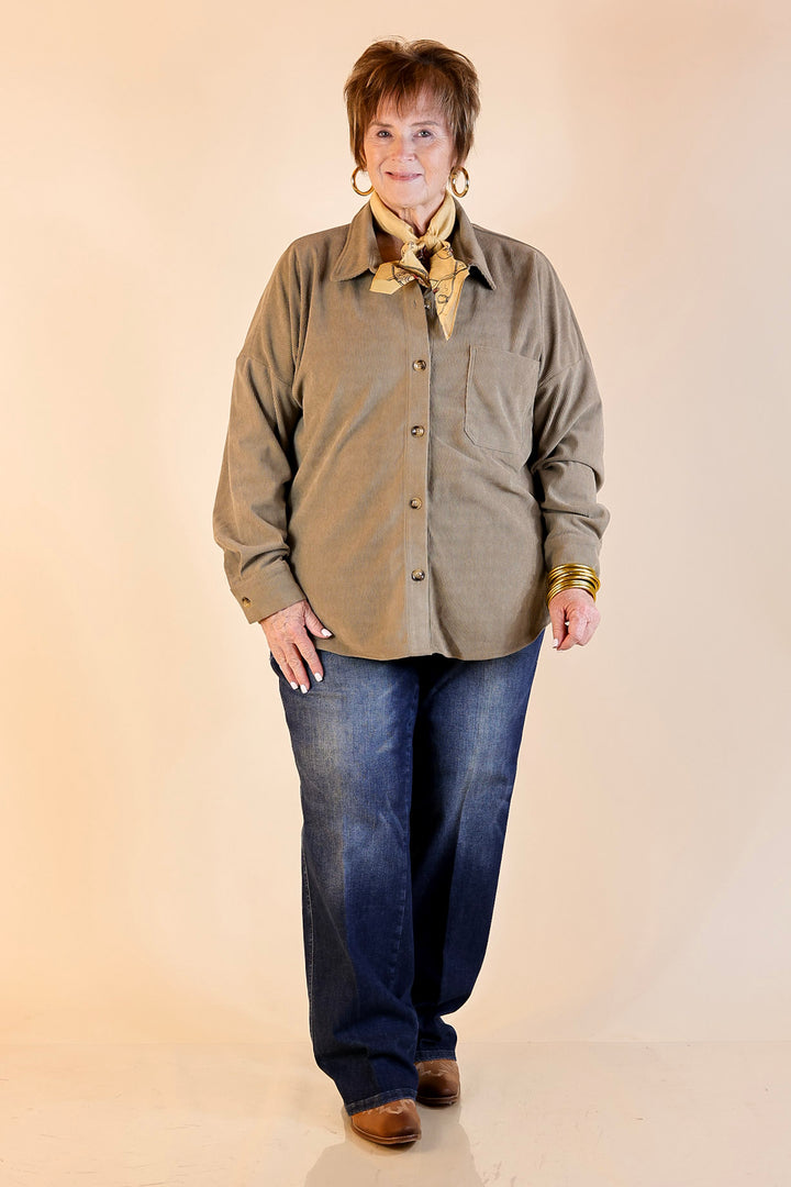 Captivating Cuteness Corduroy Button Up Shacket in Olive Green