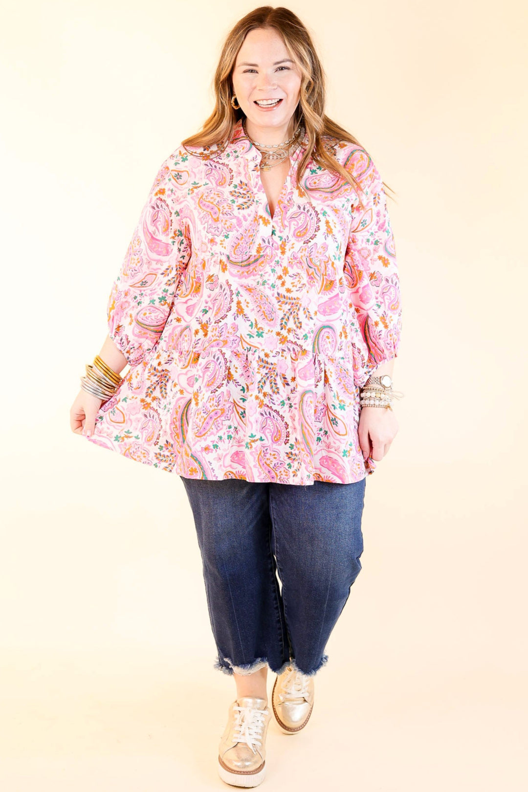 Meadow Melody Paisley Tiered Babydoll Top in Pink Mix