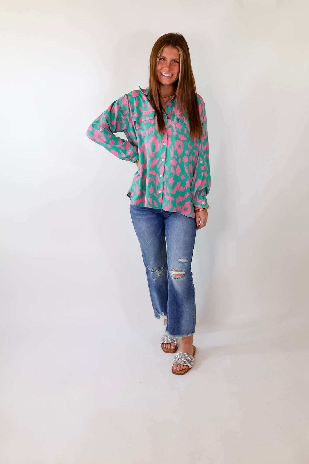 Fun and Adventurous Button Up Top With Pink Abstract Leopard Print In Green - Giddy Up Glamour Boutique