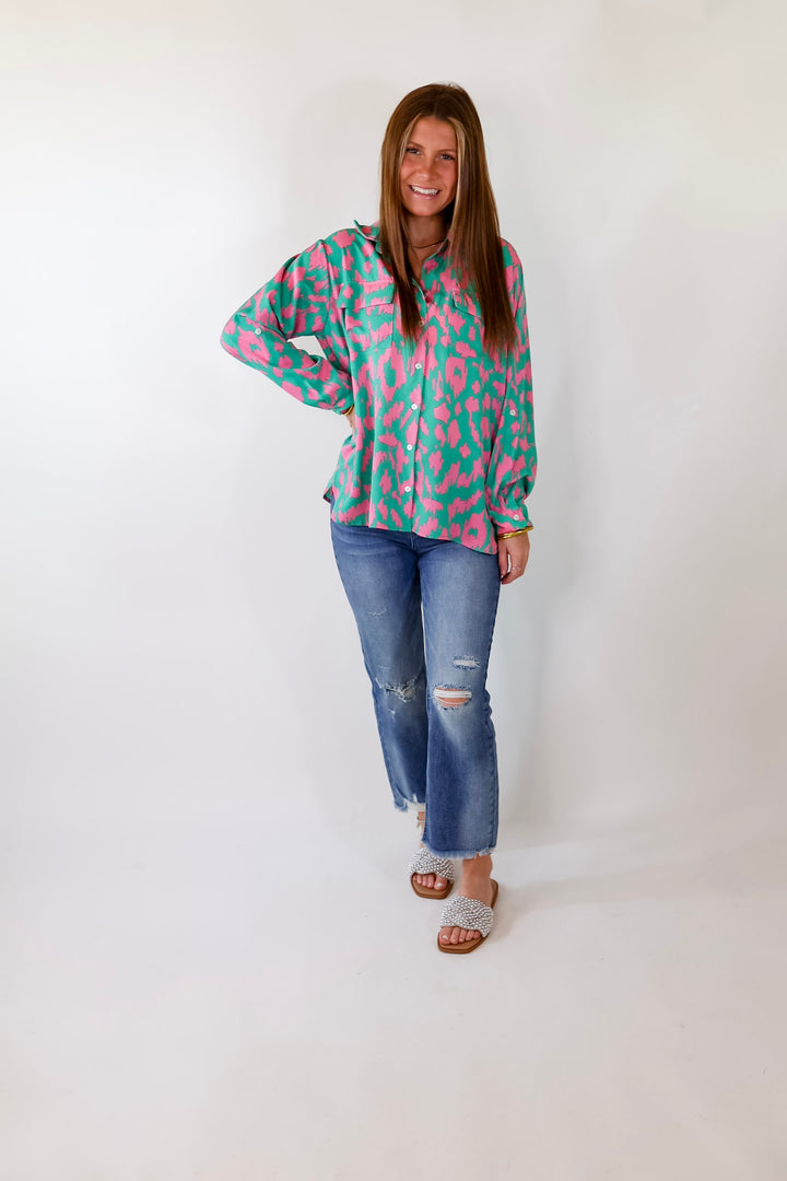 Fun and Adventurous Button Up Top With Pink Abstract Leopard Print In Green - Giddy Up Glamour Boutique