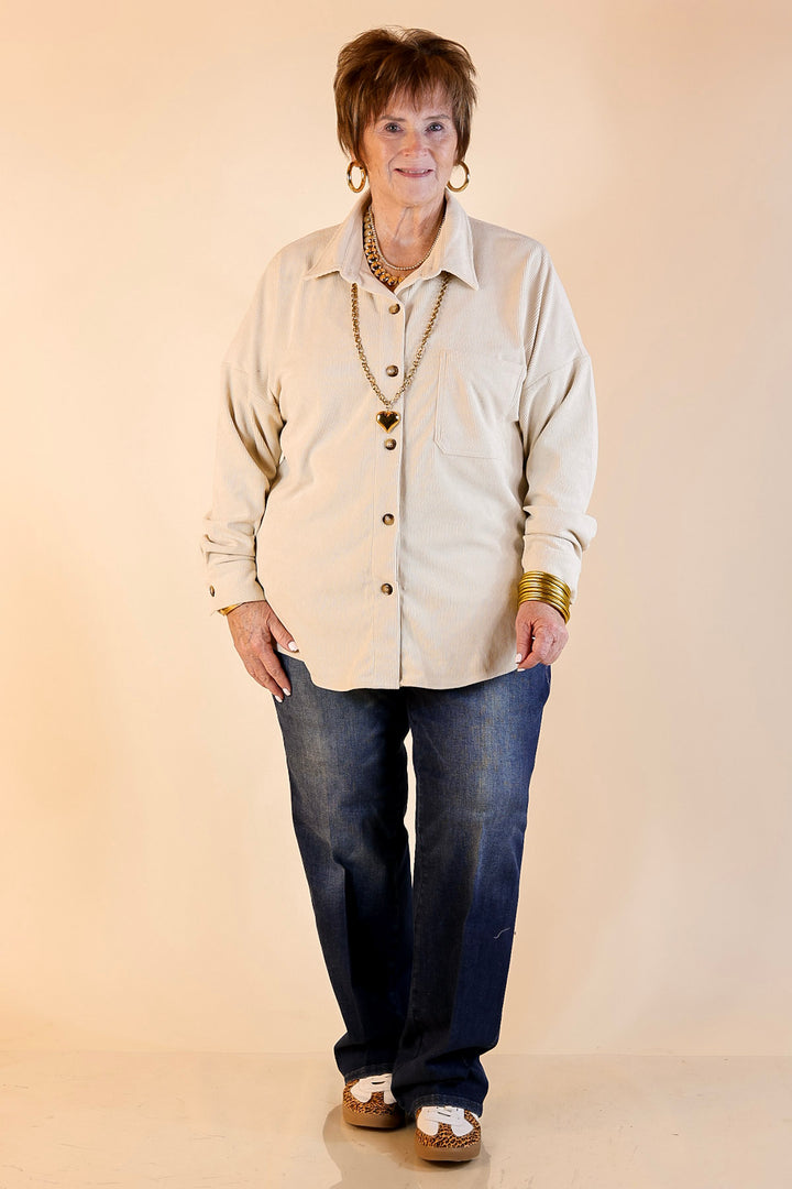 Captivating Cuteness Corduroy Button Up Shacket in Cream