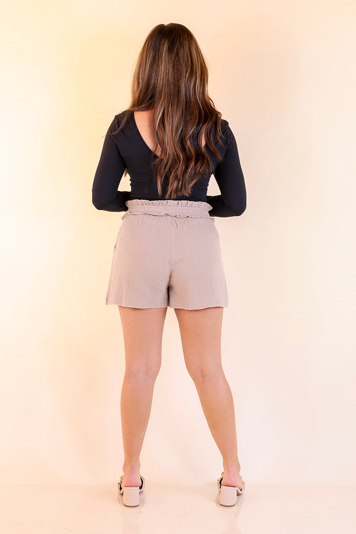 Relax and Repeat Drawstring Linen Shorts with Fray Hem in Oatmeal Brown