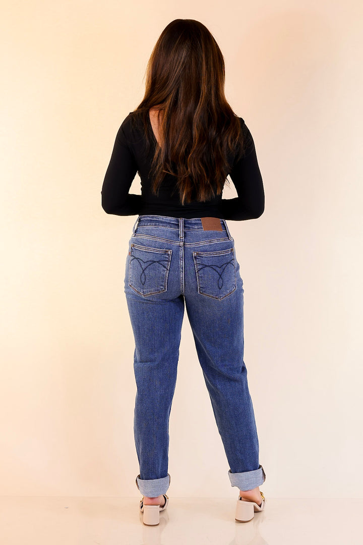 Judy Blue | Simple Sophistication Classic Cuffed Boyfriend Denim Jeans in Medium Wash