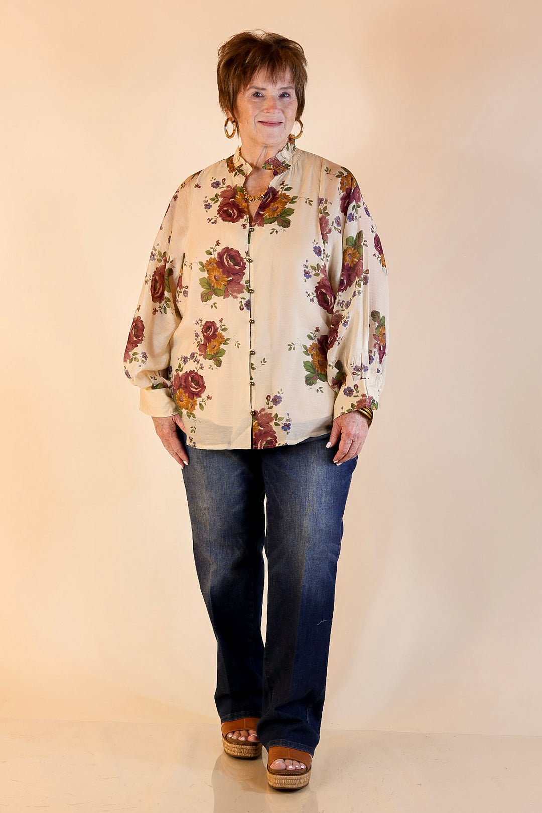 Garden Stroll Floral Long Sleeve Button Down Top in Cream