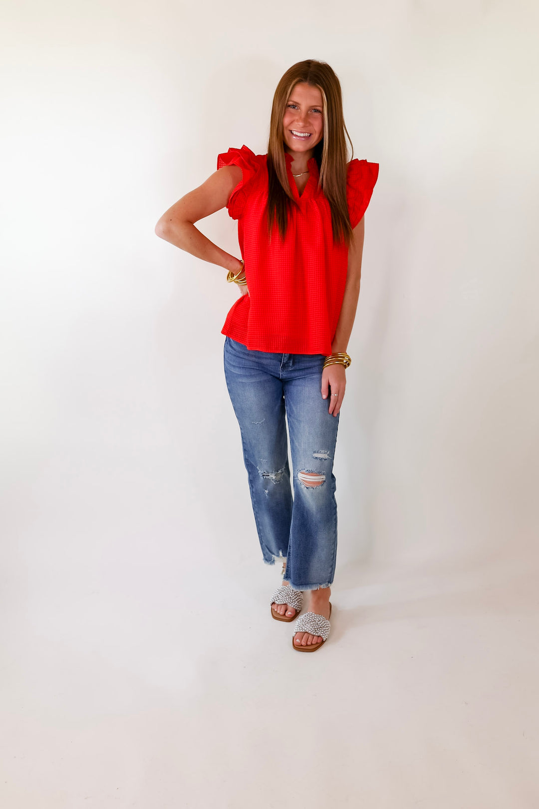 Perfectly Fabulous Ruffle Cap Sleeve Top in Red - Giddy Up Glamour Boutique