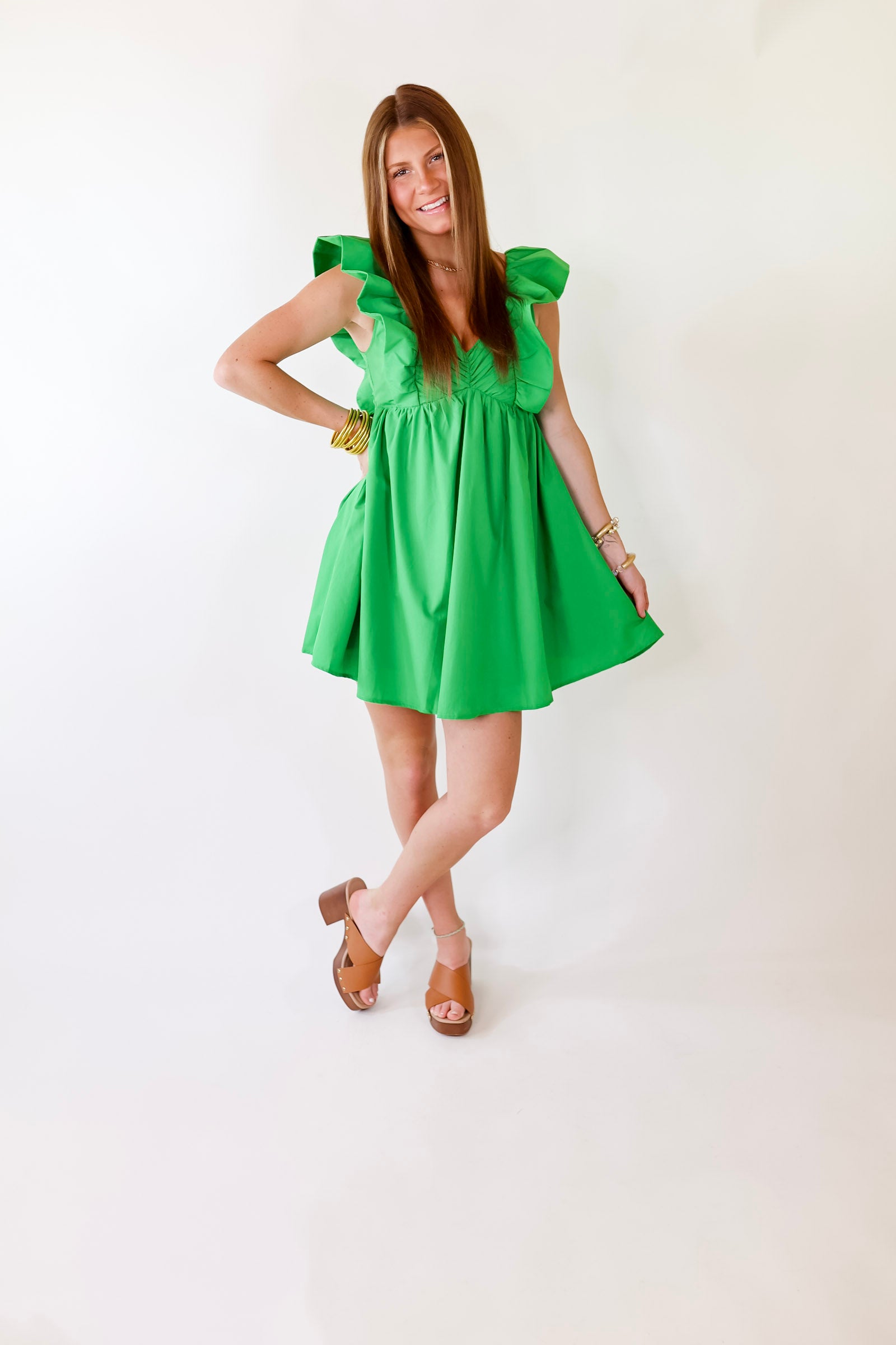 Pixie Perfect Ruffled Sleeve V Neck Dress in Green - Giddy Up Glamour Boutique
