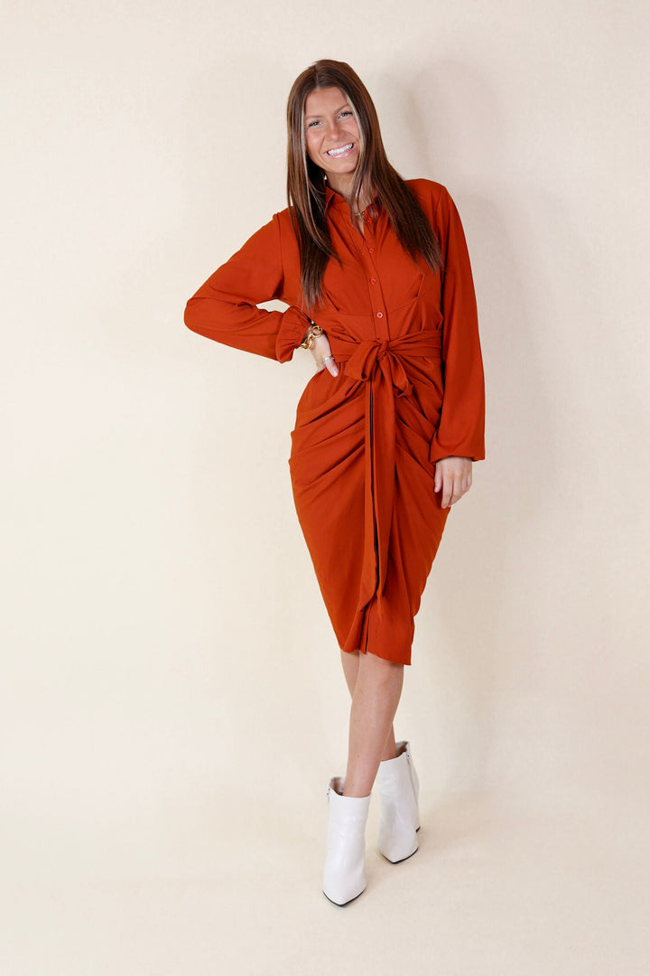 Heart On The Line Button Up Ruched Front Midi Dress with Waist Tie in Rust Orange - Giddy Up Glamour Boutique