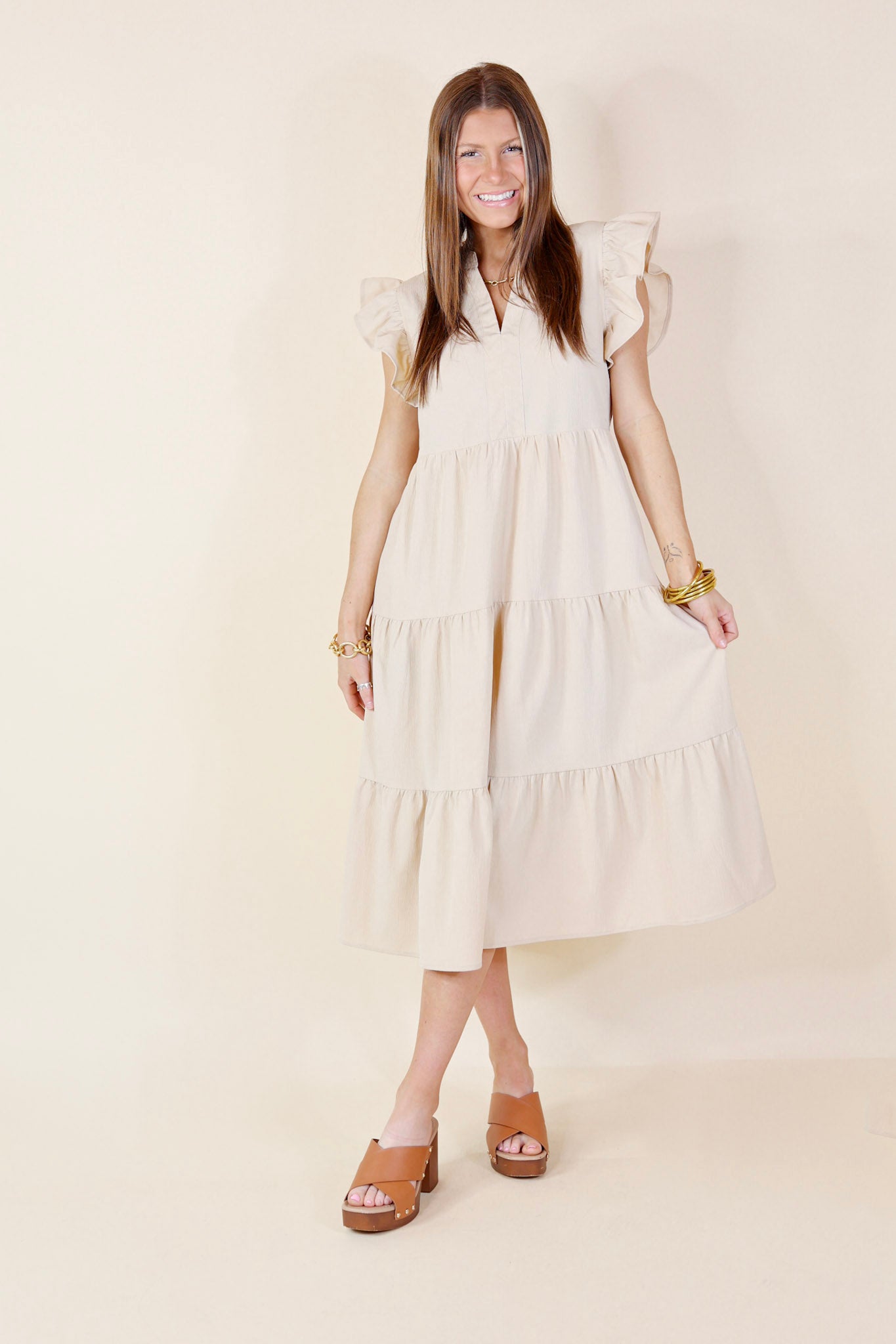 Magnolia Morning Ruffle Cap Sleeve Tiered Midi Dress in Cream - Giddy Up Glamour Boutique